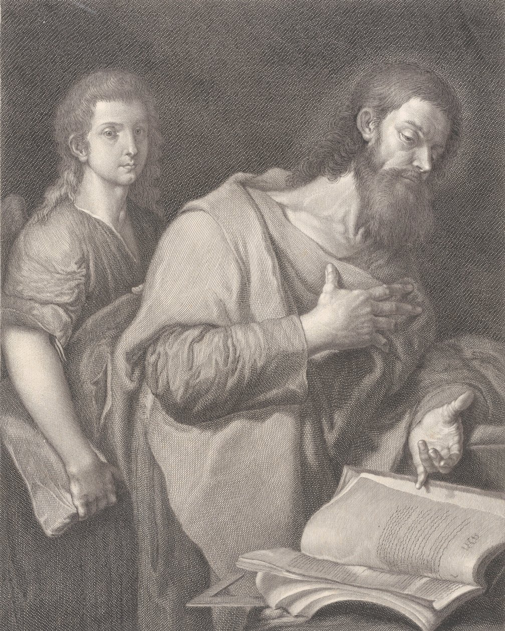 San Matteo, in piedi davanti a un libro a destra con una mano sul petto, un altro uomo be..., 1750-84 da Carlo Faucci