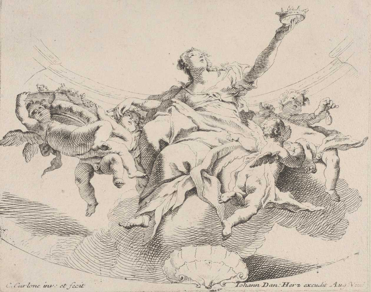 Potere, rappresentato da una donna seduta sulle nuvole che tiene una corona e circondata da putti da Carlo Innocenzo Carloni