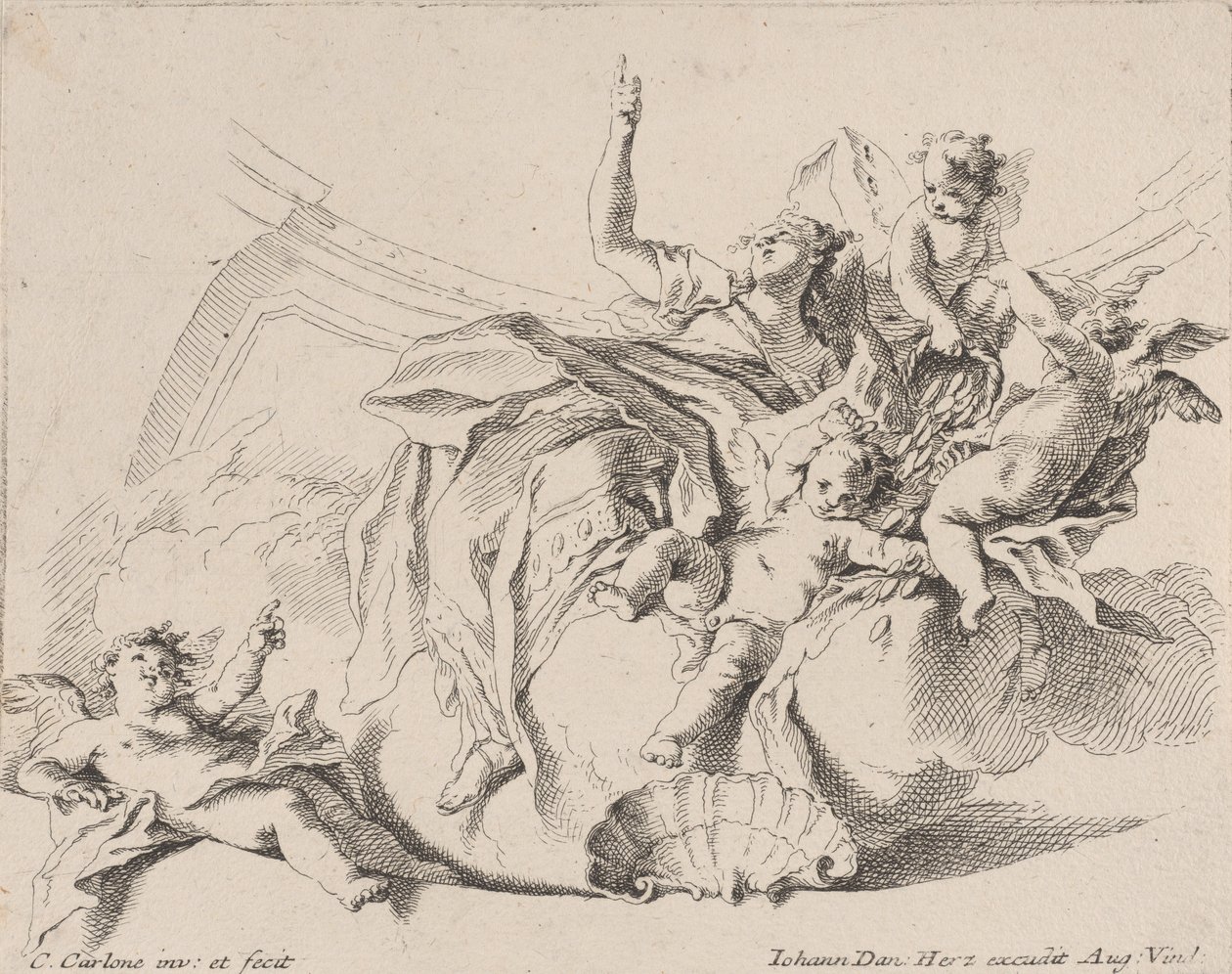 Ricchezza, rappresentata da una donna seduta sulle nuvole e circondata da putti, 1725-75 da Carlo Innocenzo Carloni