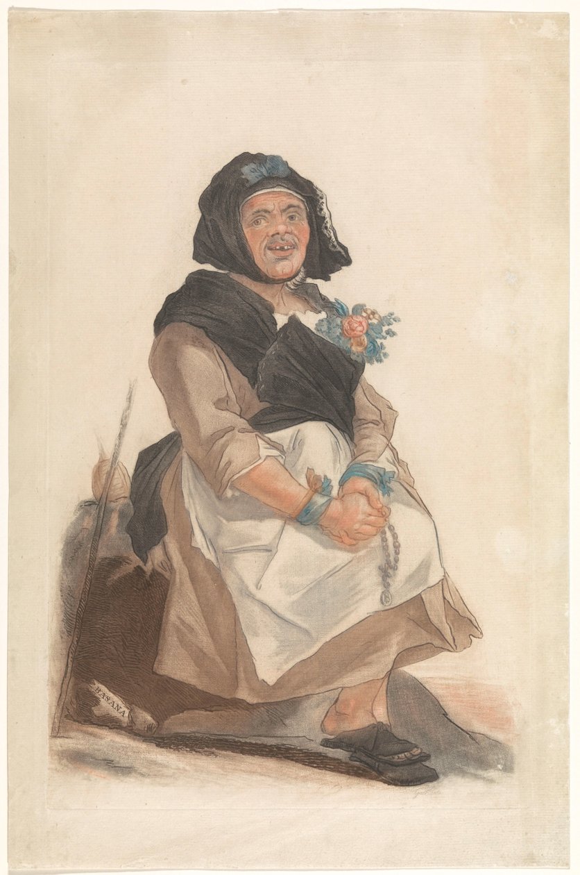 Uomo vestito da donna con rosario, seduto (Ritratti di persone facette che servono a divertire il pubblico fiorentino) da Carlo Lasinio