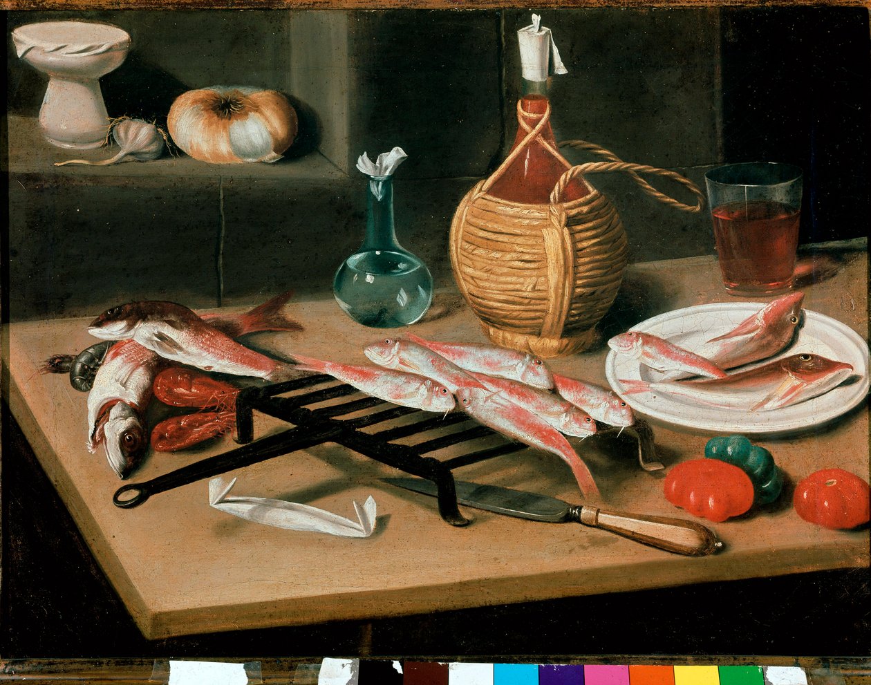 Natura morta con piatti di pesce grigliato (triglie) e bottiglia di vino. Dipinto di Carlo Magini. Faenza, Pinacoteca comunale da Carlo Magini