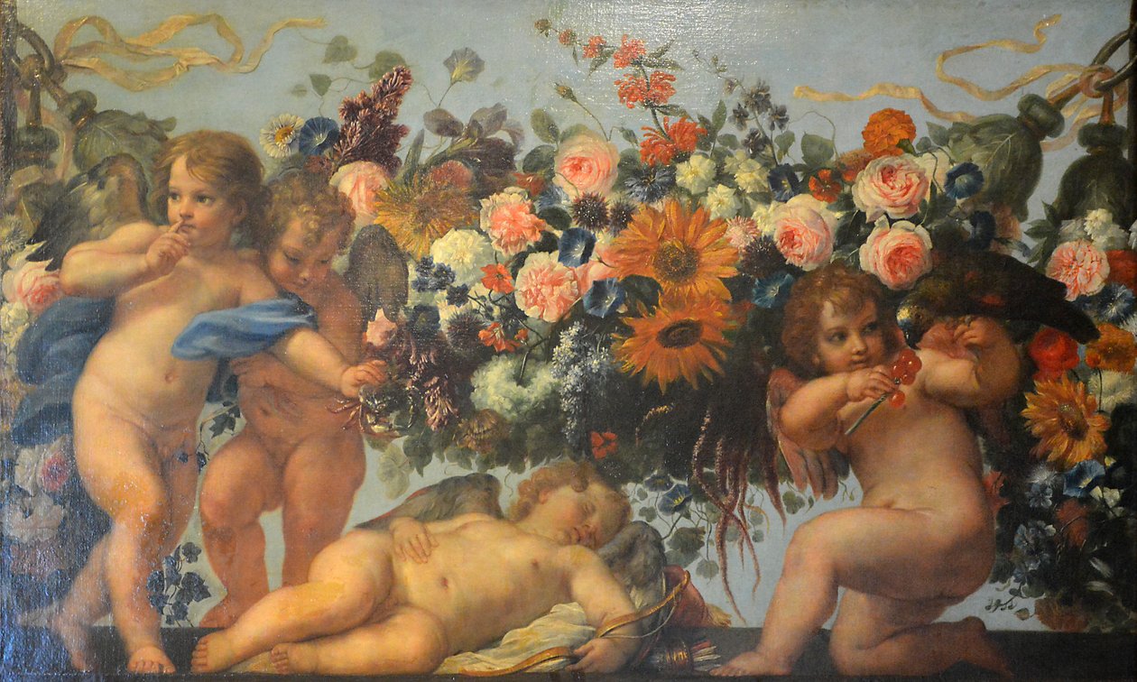 Francese:  Amour et guirlande de fleurs avec perroquet Cupidi e ghirlande di fiori con un pappagallo da Carlo Maratta