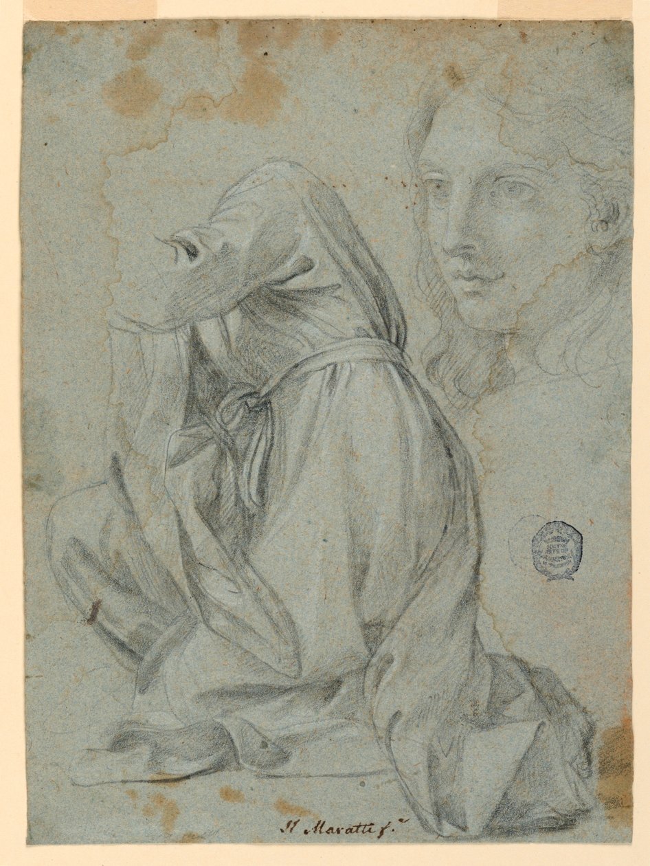 Disegno, studi: Il drappo di una donna inginocchiata. Testa di giovane donna, 1650-1675 da Carlo Maratti