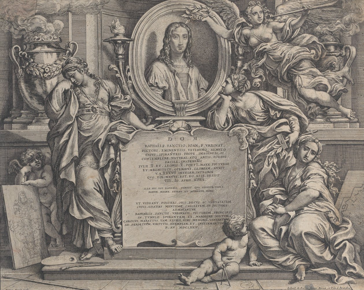 Frontespizio con ritratto ovale di Raffaello, con tre figure allegoriche delle Arti, 1675 da Carlo Maratti