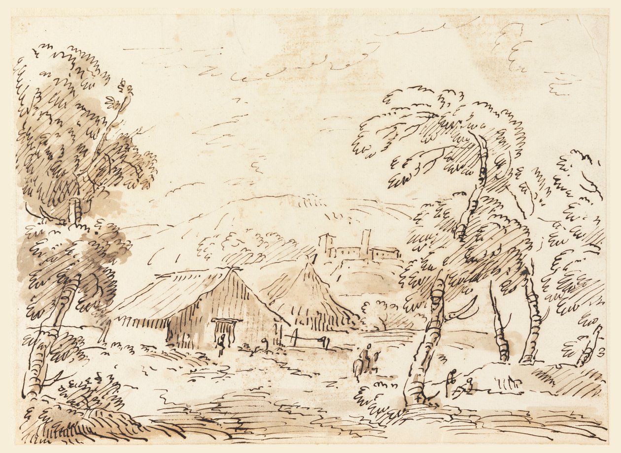 Disegno, Abitazione di un contadino e castello in una campagna montuosa, 1762-1786 da Carlo Marchionni