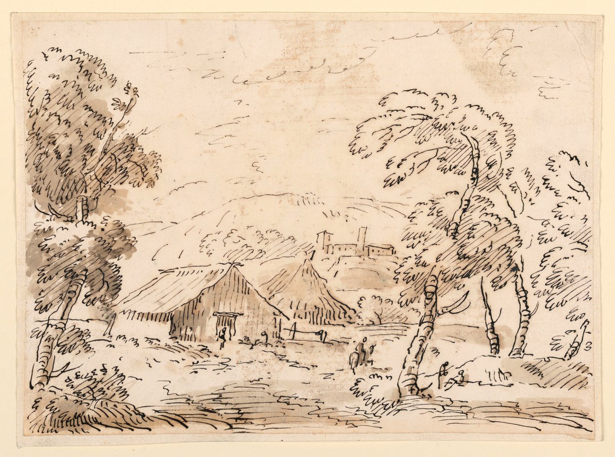 Disegno, Abitazione di un contadino e castello in una campagna montuosa, 1762-1786 da Carlo Marchionni