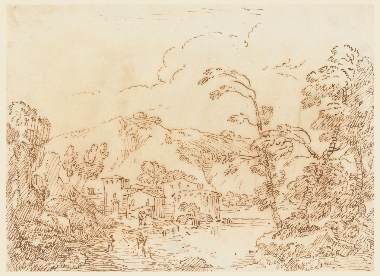 Disegno, Un villaggio presso un ruscello in un paese montuoso, 1770-86 da Carlo Marchionni