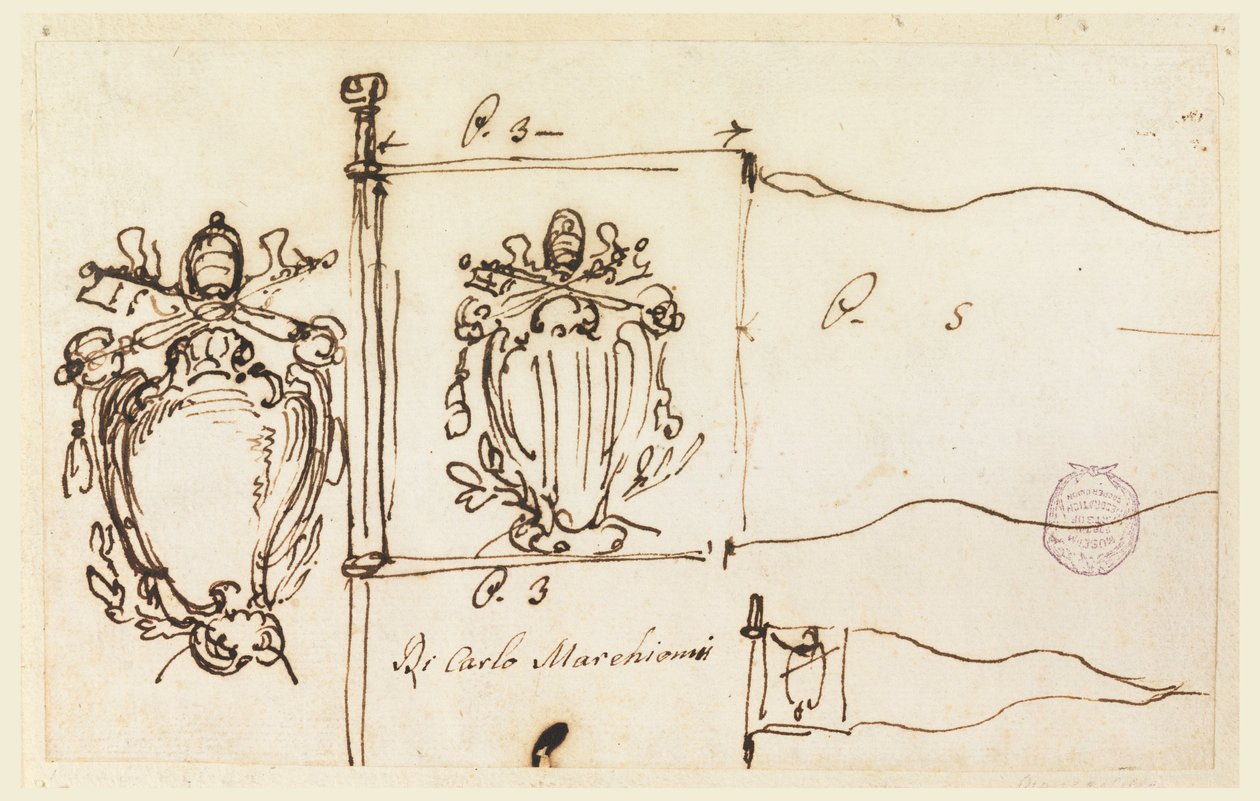 Disegno, Tre schizzi per uno stendardo di Papa Benedetto XIV, 1740-58 da Carlo Marchionni