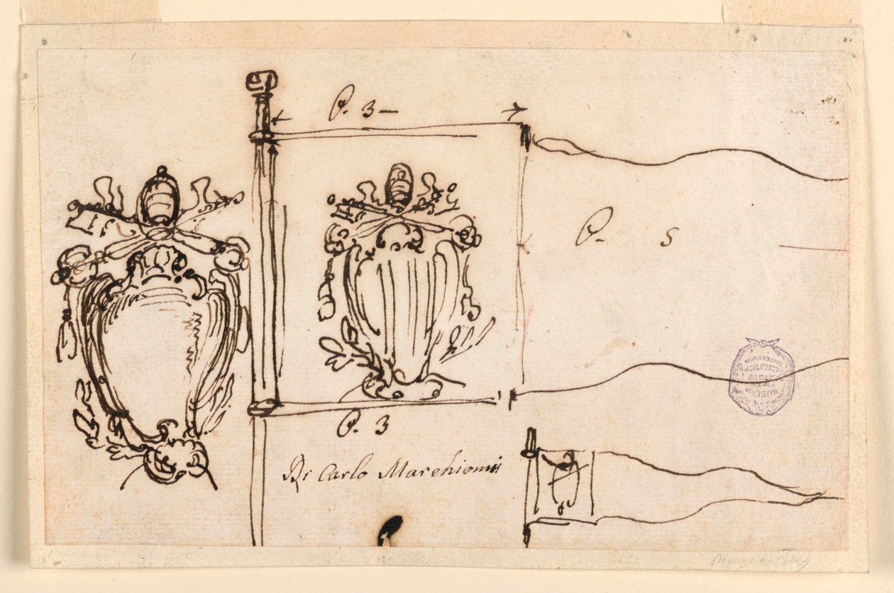 Disegno, Tre schizzi per uno stendardo di Papa Benedetto XIV, 1740-58 da Carlo Marchionni