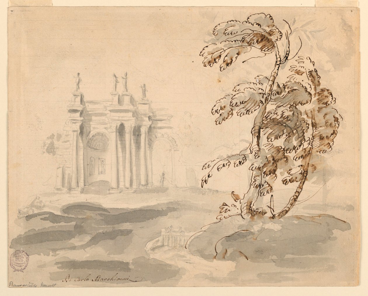 Disegno, Albero in paesaggio con edificio, 1756-78 da Carlo Marchionni