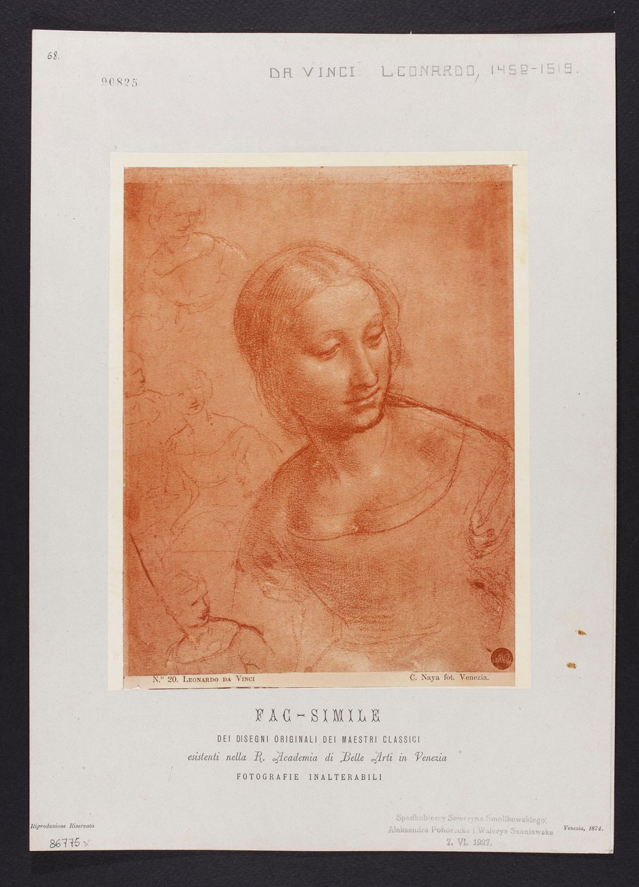 Studie eines weiblichen Büstenbildes, Zeichnung von Leonardo da Vinci (1452-1519) aus der Sammlung der R. Accademia di Belle Arti in Venedig; Tafel aus der Mappe: "Fac-simile dei disegni originali dei maestri classici esistenti nella R. Academia di Belle A da Carlo Naya