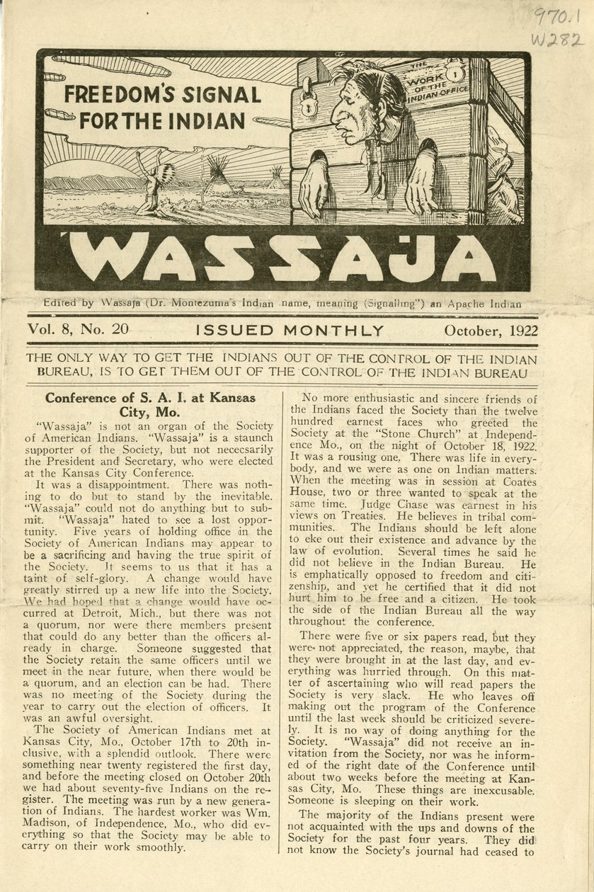 Numero di Wassaja, Vol. 8, No. 20, ottobre 1922 da Carlos Montezuma