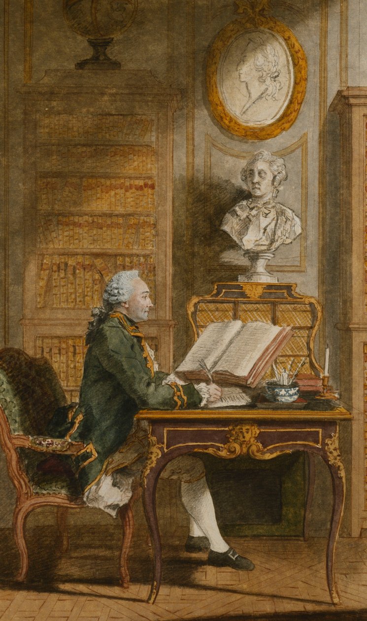 Monsieur de Cormainville nella sua biblioteca, scrivendo alla sua scrivania da Carmontelle