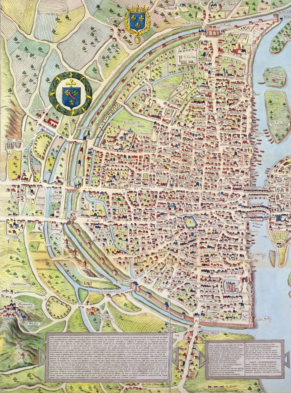 (Dettaglio) della Riva Destra, dalla mappa di Parigi c. 1540, conosciuta come il Plan de la Tapisserie, realizzata come arazzo c. 1570, 1818 da Caroline Naudet