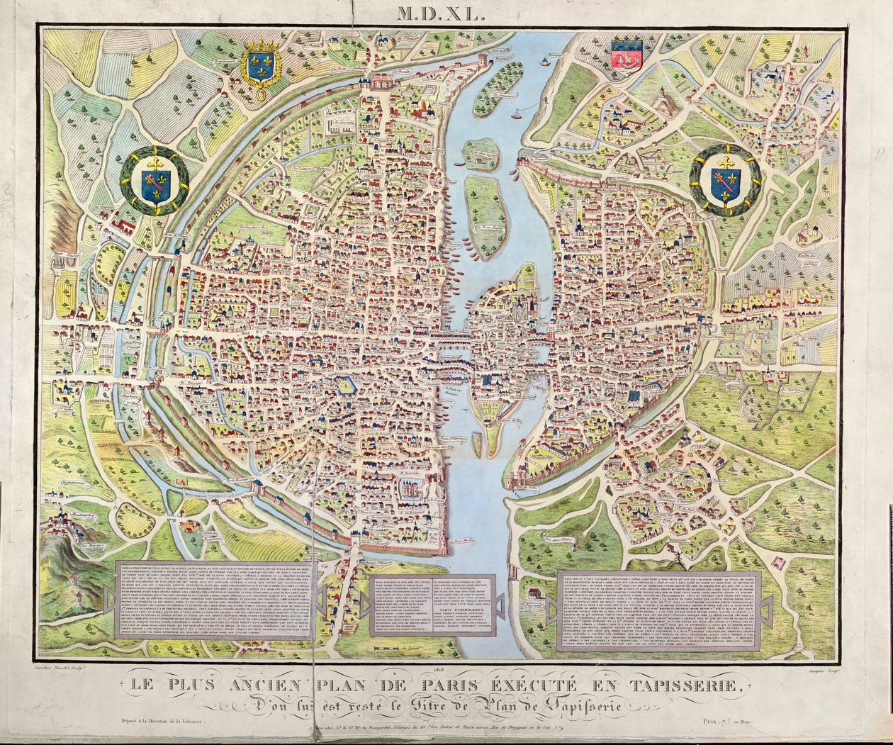 Mappa di Parigi c.1540, conosciuta come il Plan de la Tapisserie, realizzata come arazzo c.1571, 1818 da Caroline Naudet