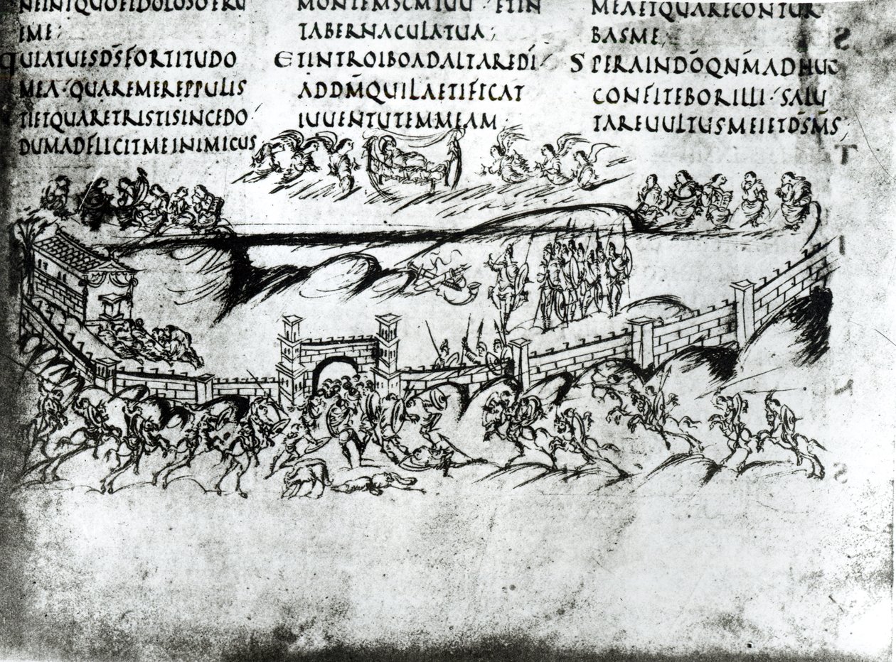 Illustrazione di varie scene dal Salmo 43, incluso il versetto Svegliati, perché dormi, o Signore?, dal Salterio di Utrecht, copia dell