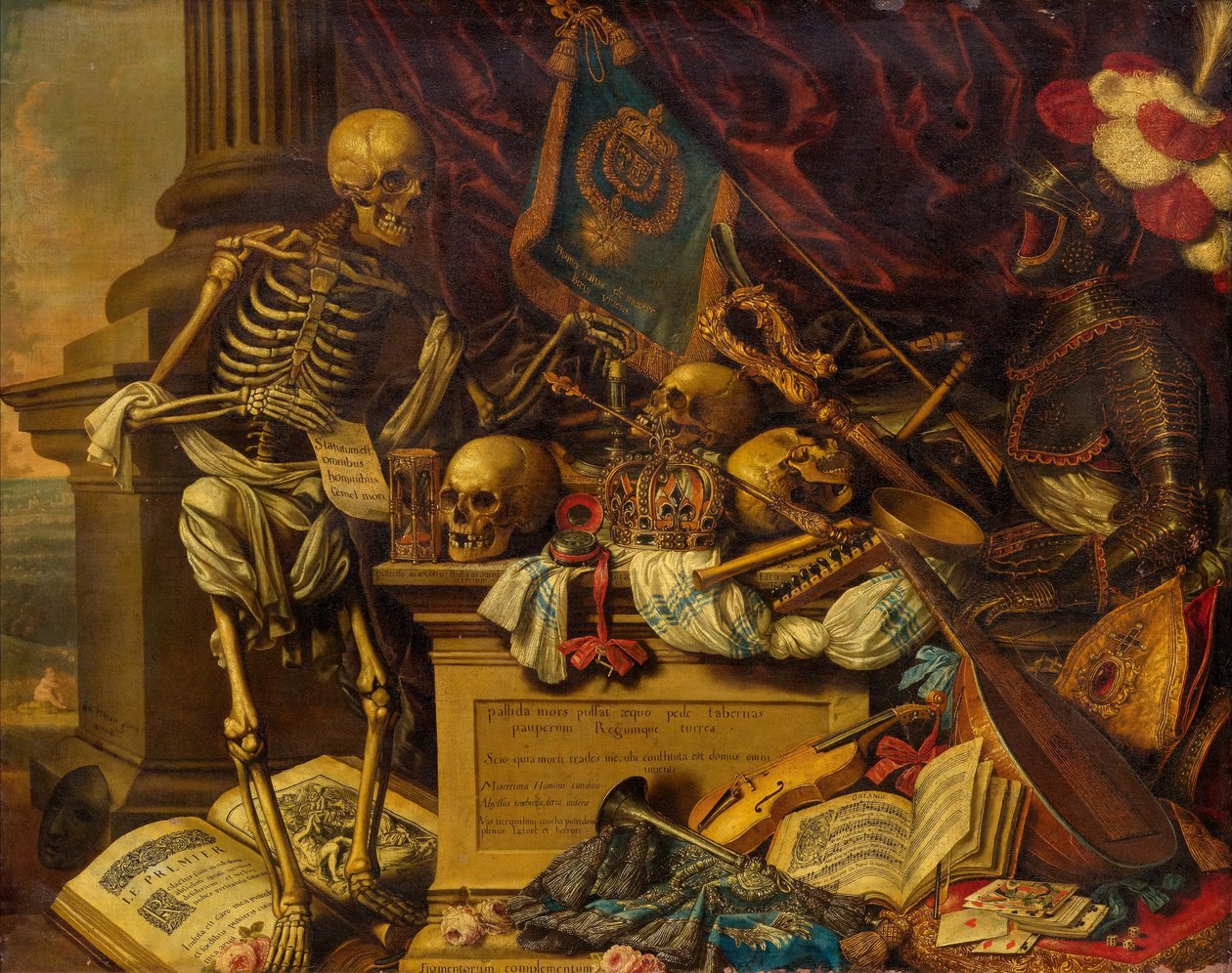 Vanitas Natura morta con strumenti musicali, libri, spartiti, scheletro, teschio e armatura, XVII secolo da Carstian Luyckx