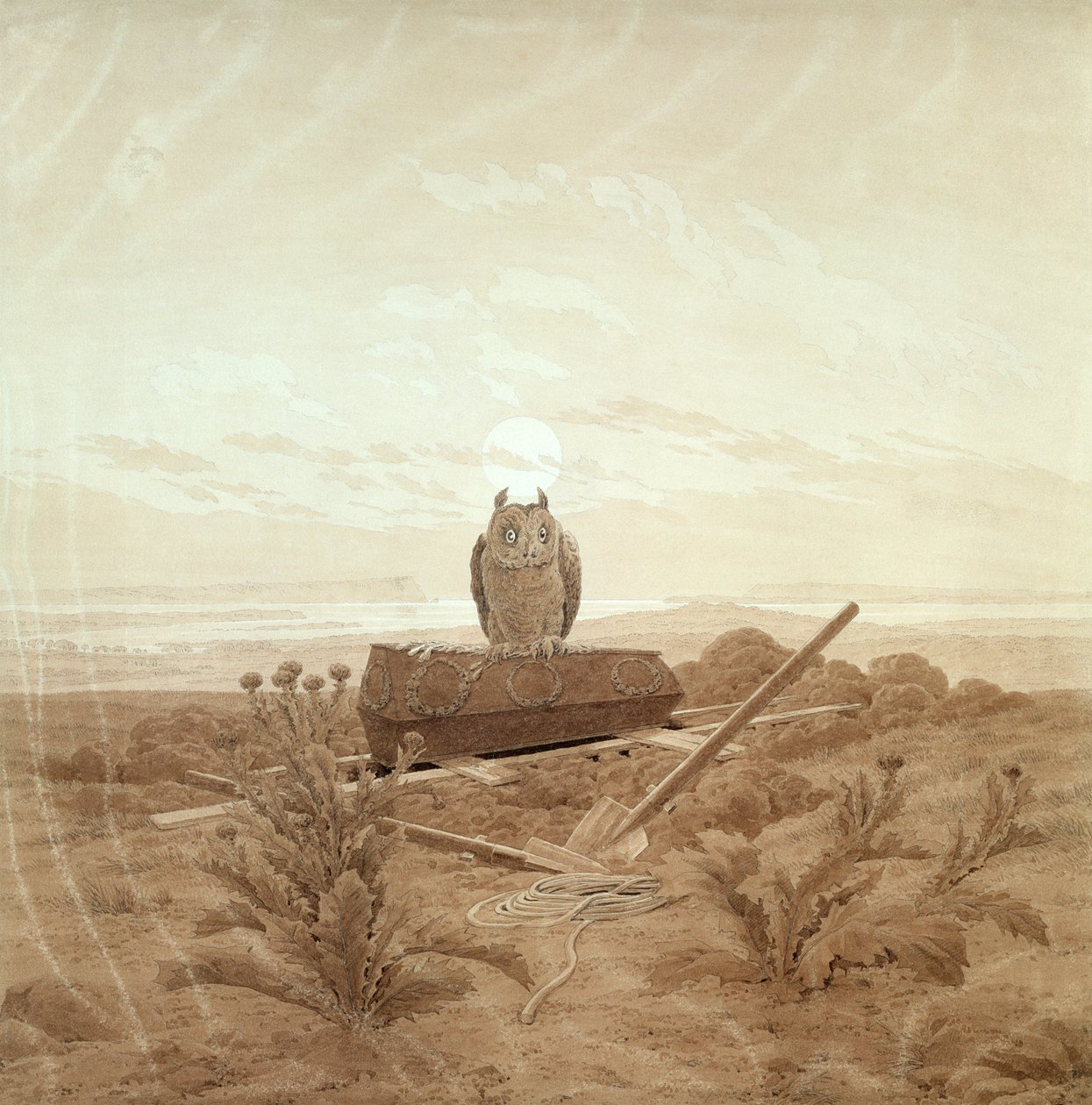 Paesaggio con tomba, bara e gufo da Caspar David Friedrich