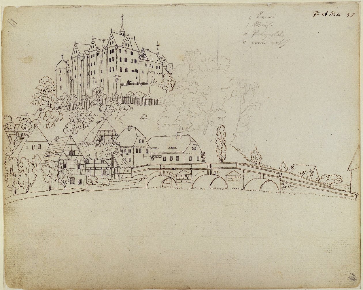 Vista di Nossen, in Sassonia, con il castello e il ponte da Caspar David Friedrich