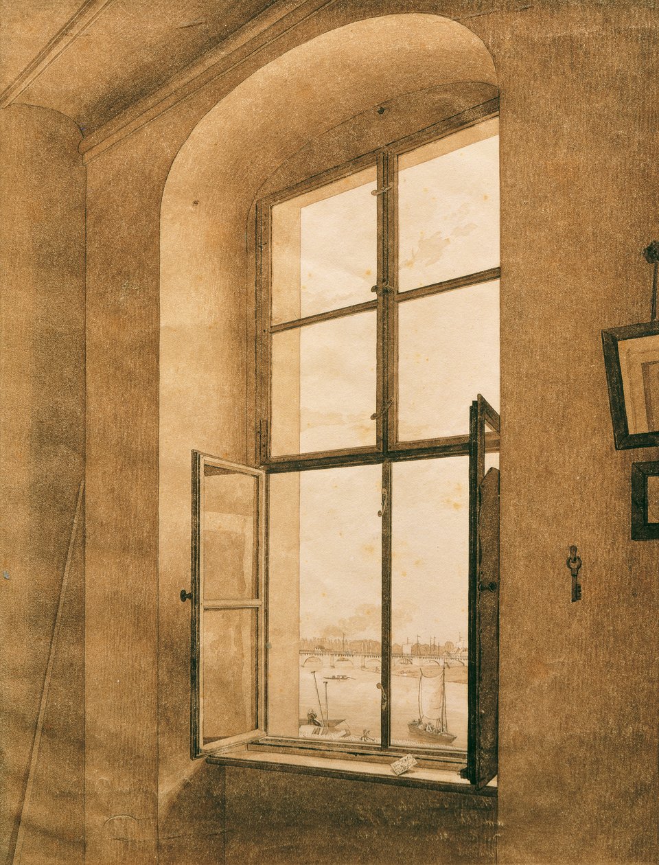 Tedesco: Blick aus dem Atelier des Künstlers in Dresden auf die Elbe (linkes Fenster) Vista dallo studio dell