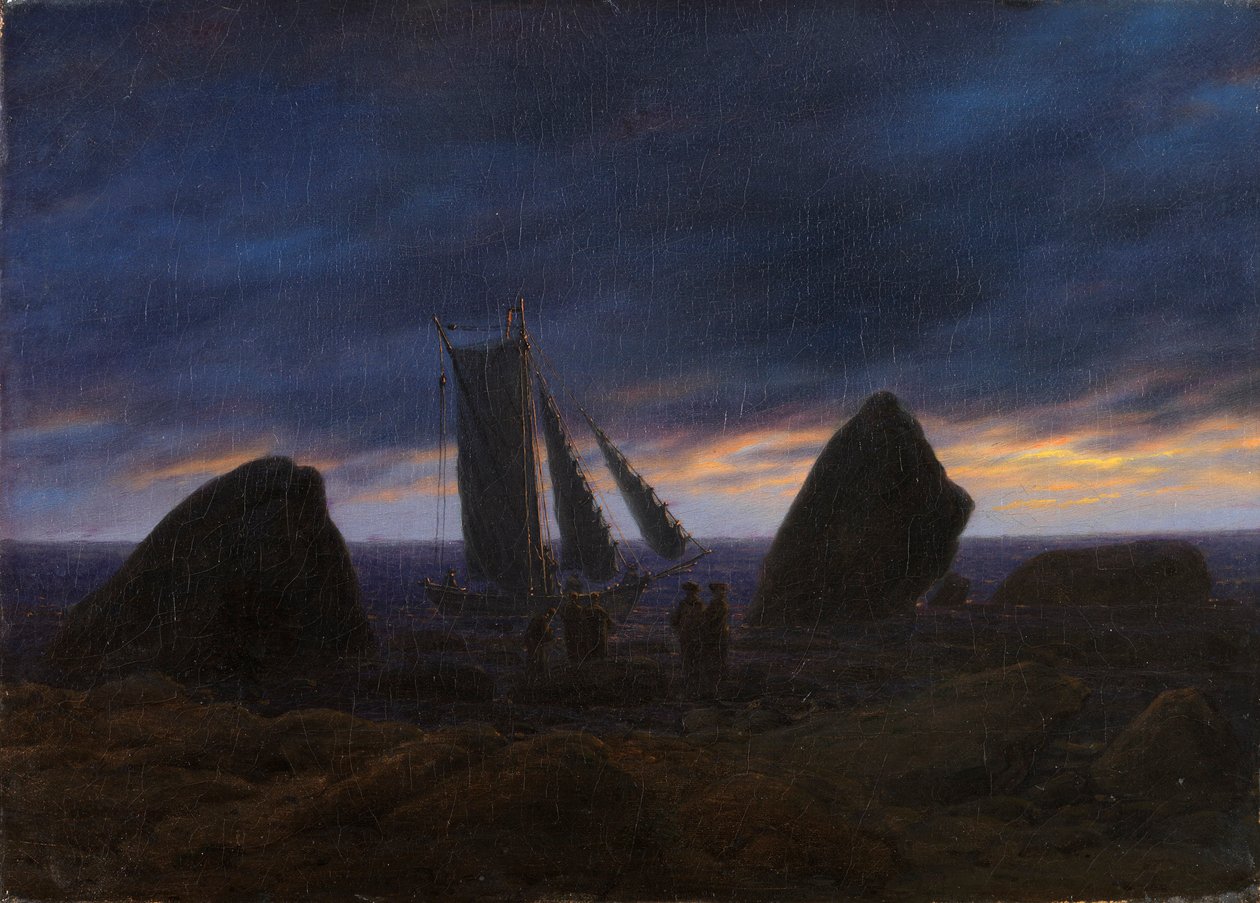Tedesco: Fischerboot zwischen Findlingen am Ostseestrand Barca da pesca tra due scogli sulla spiaggia del Mar Baltico da Caspar David Friedrich