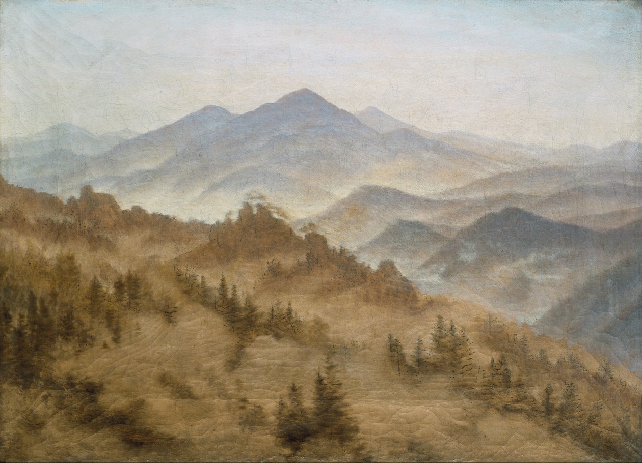 Tedesco: Gebirge bei aufsteigenem Nebel Paesaggio con il Rosenberg nelle montagne boeme da Caspar David Friedrich