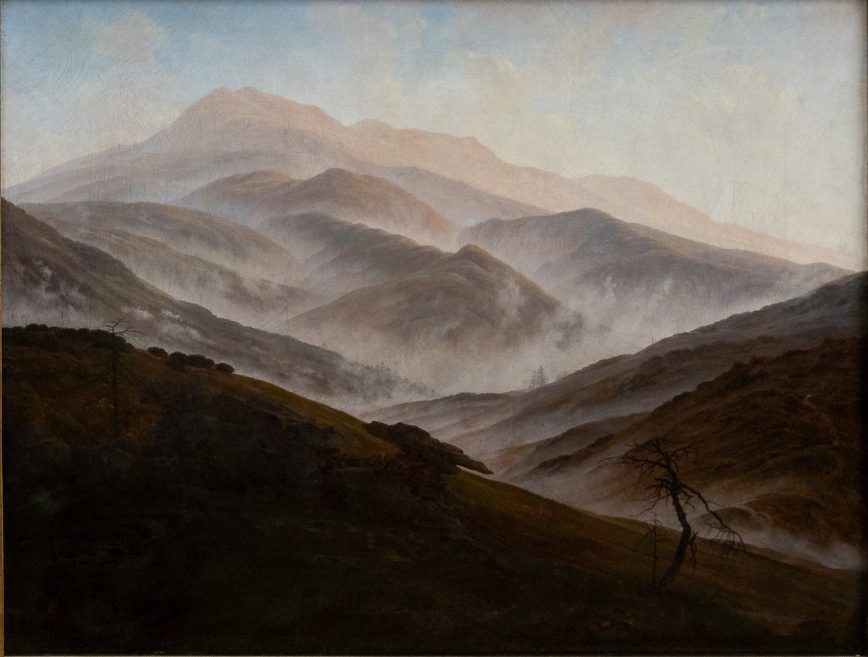 Tedesco: Riesengebirgslandschaft mit aufsteigendem Nebel Paesaggio di montagne giganti con nebbia crescente da Caspar David Friedrich