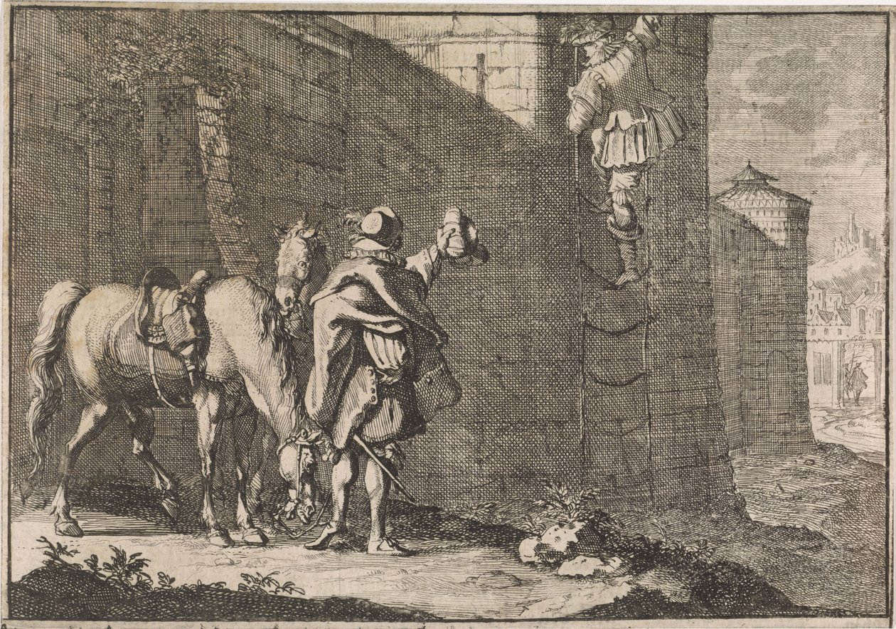Il generale Hans Georg von Arnim-Boitzenburg fugge dalla prigione tramite una scala di corda, 1638 da Caspar Luyken (attributed to)