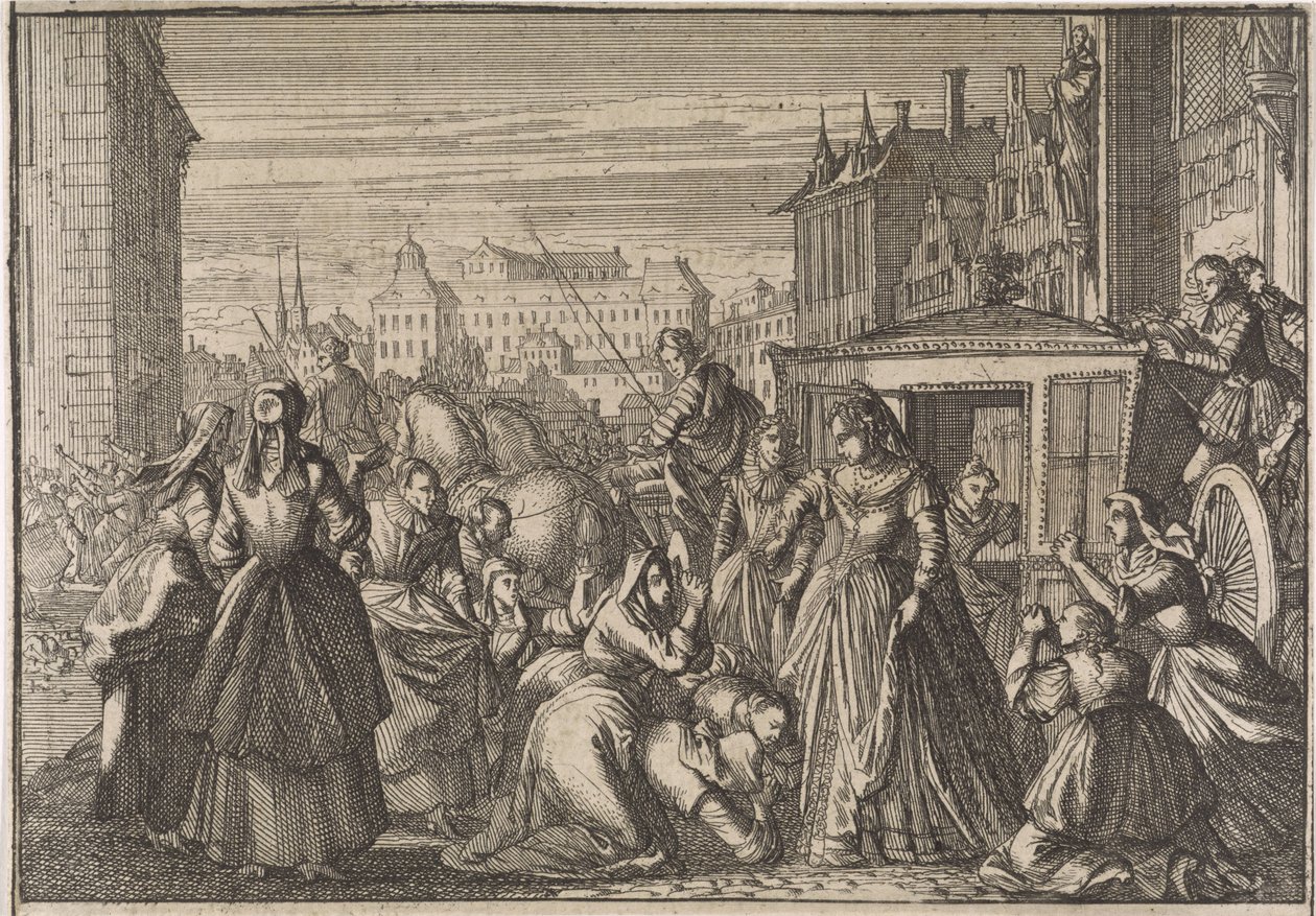 Donne inginocchiate a Parigi davanti alla regina Anna chiedono di ridurre le tasse, 1645 da Caspar Luyken (attributed to)