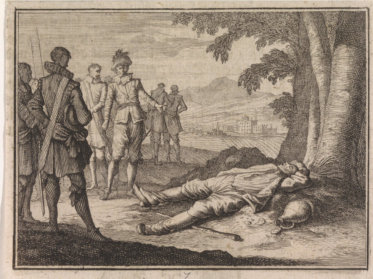 Filippo il Buono trova un contadino ubriaco sotto un albero da Caspar Luyken