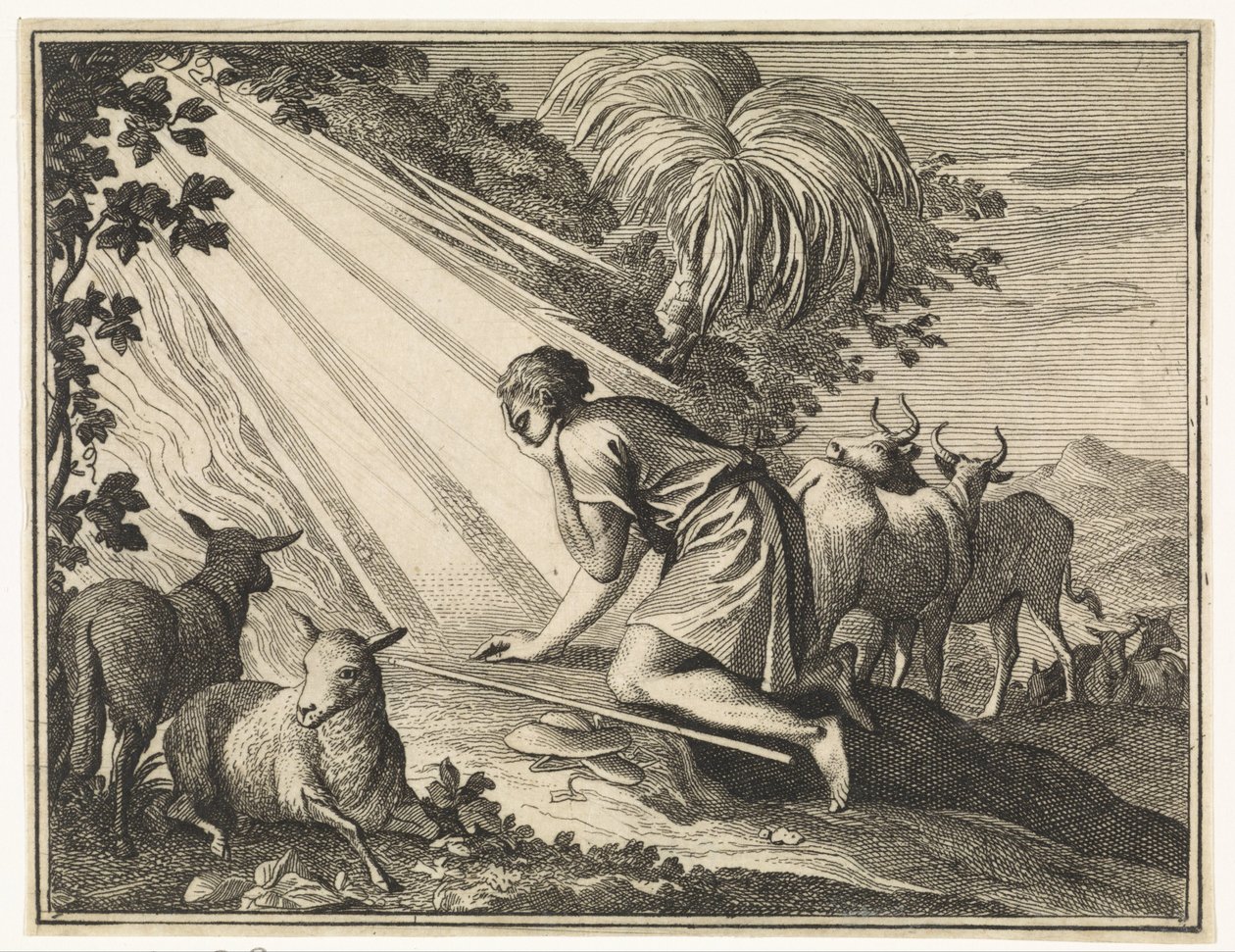 Mosè si inginocchia presso il roveto ardente da Caspar Luyken