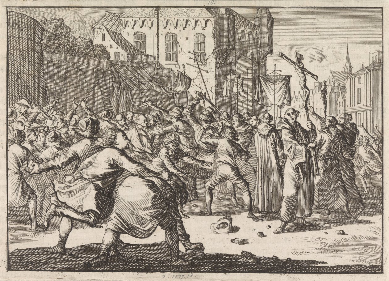 Una processione a Danzica viene salutata con lancio di pietre dal popolo, 1678 da Caspar Luyken