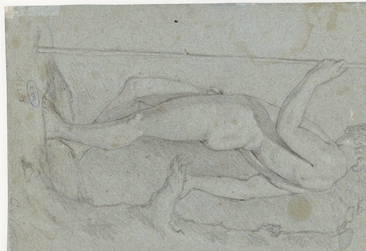 Studio di un giovane nudo in piedi con bastone da Caspar Netscher