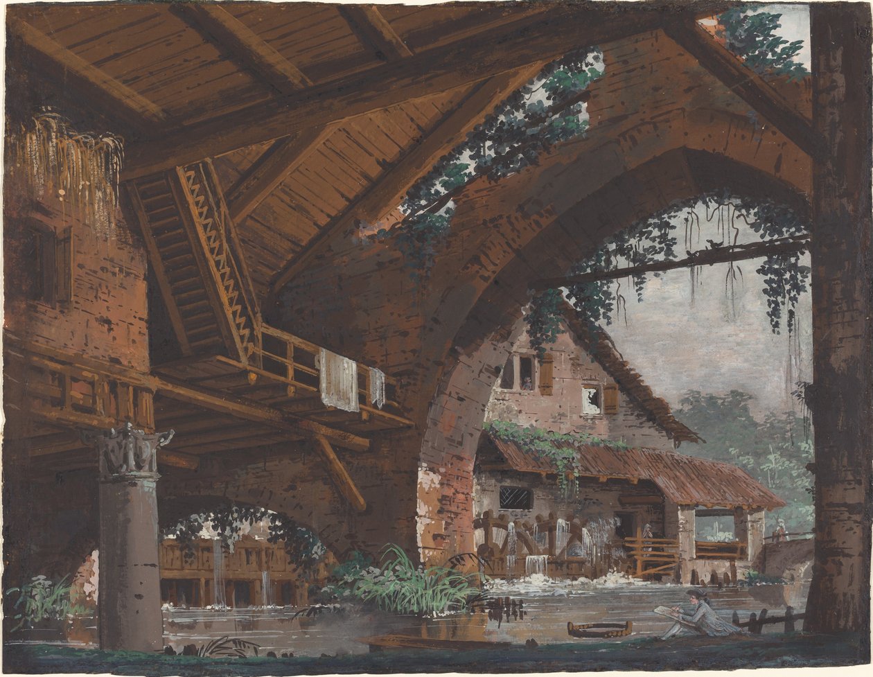 Fantasia architettonica di rovine antiche con mulino ad acqua da Caspar Wolf