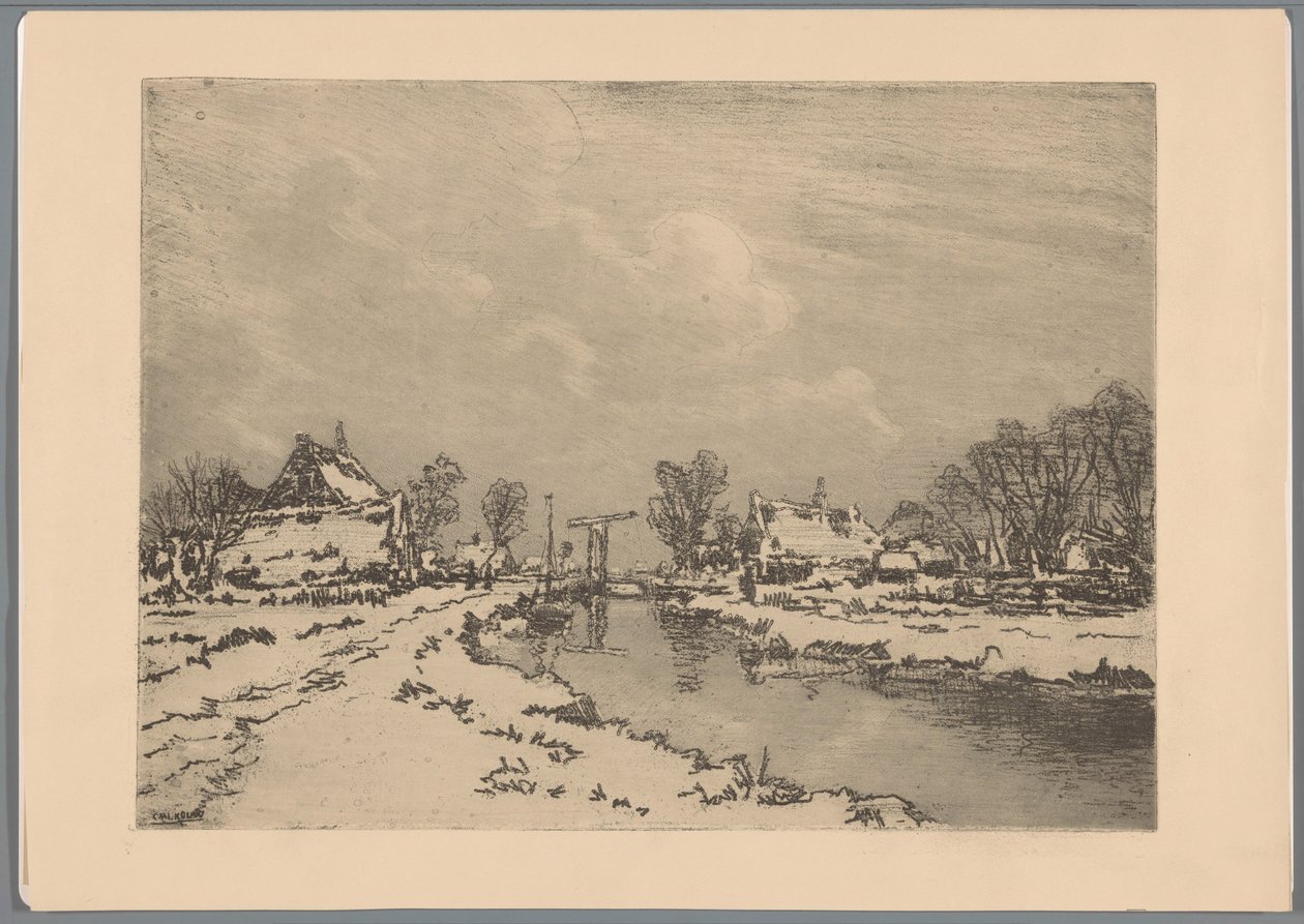 Paesaggio innevato con canale e ponte levatoio da Casper M.L. Kouw