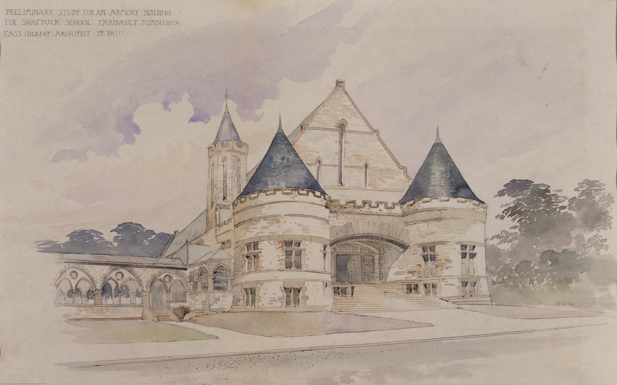 Studio preliminare per un edificio adibito ad armeria per la scuola Shattuck, Faribault, Minnesota da Cass Gilbert