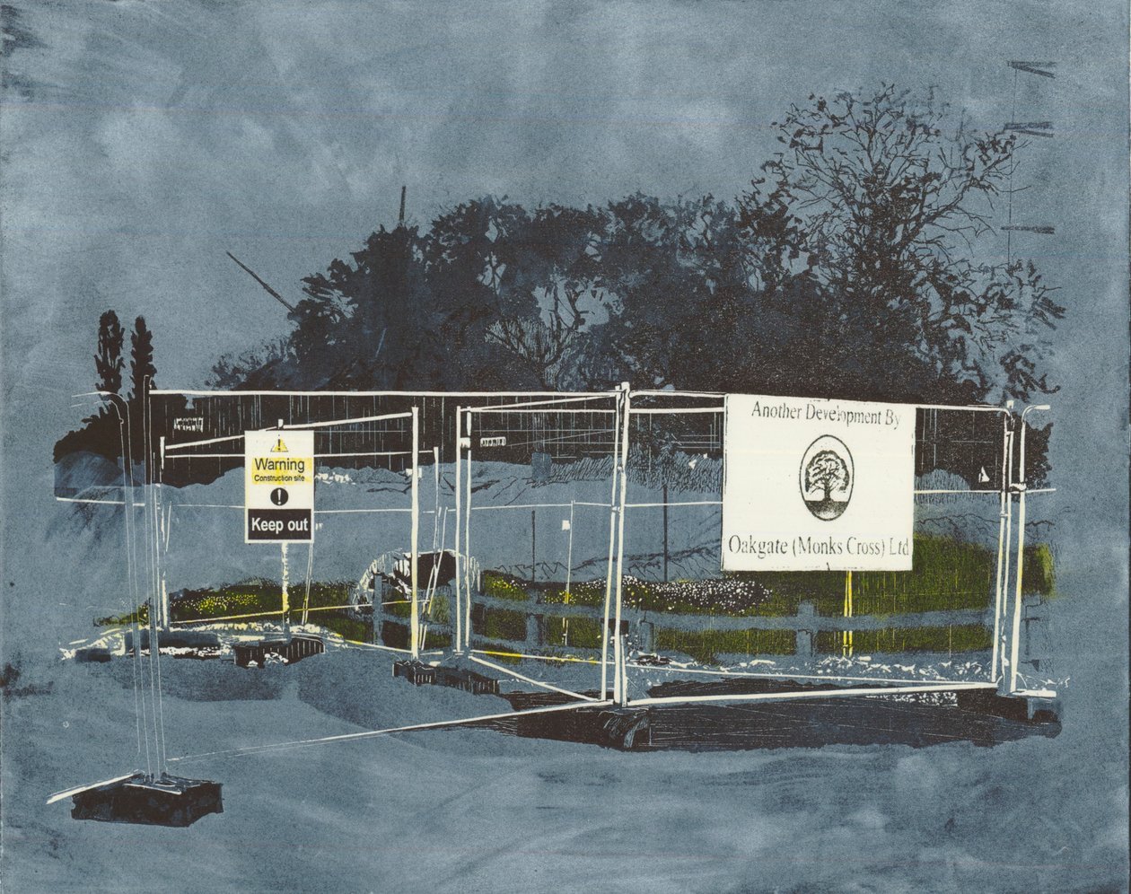 Un impatto sul paesaggio, 2014 (linoleografia e incisione) da Catherine Sutcliffe Fuller
