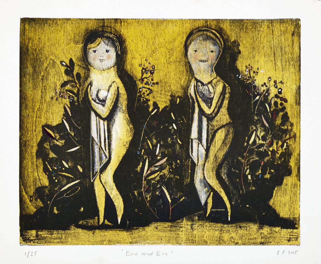 Eva ed Eva, 2015 (litografia mokulito con colorazione a mano) da Cathie Pilkington