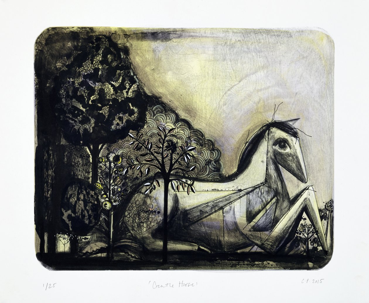Gentle Horse, 2015 (litografia mokulito con colorazione a mano) da Cathie Pilkington