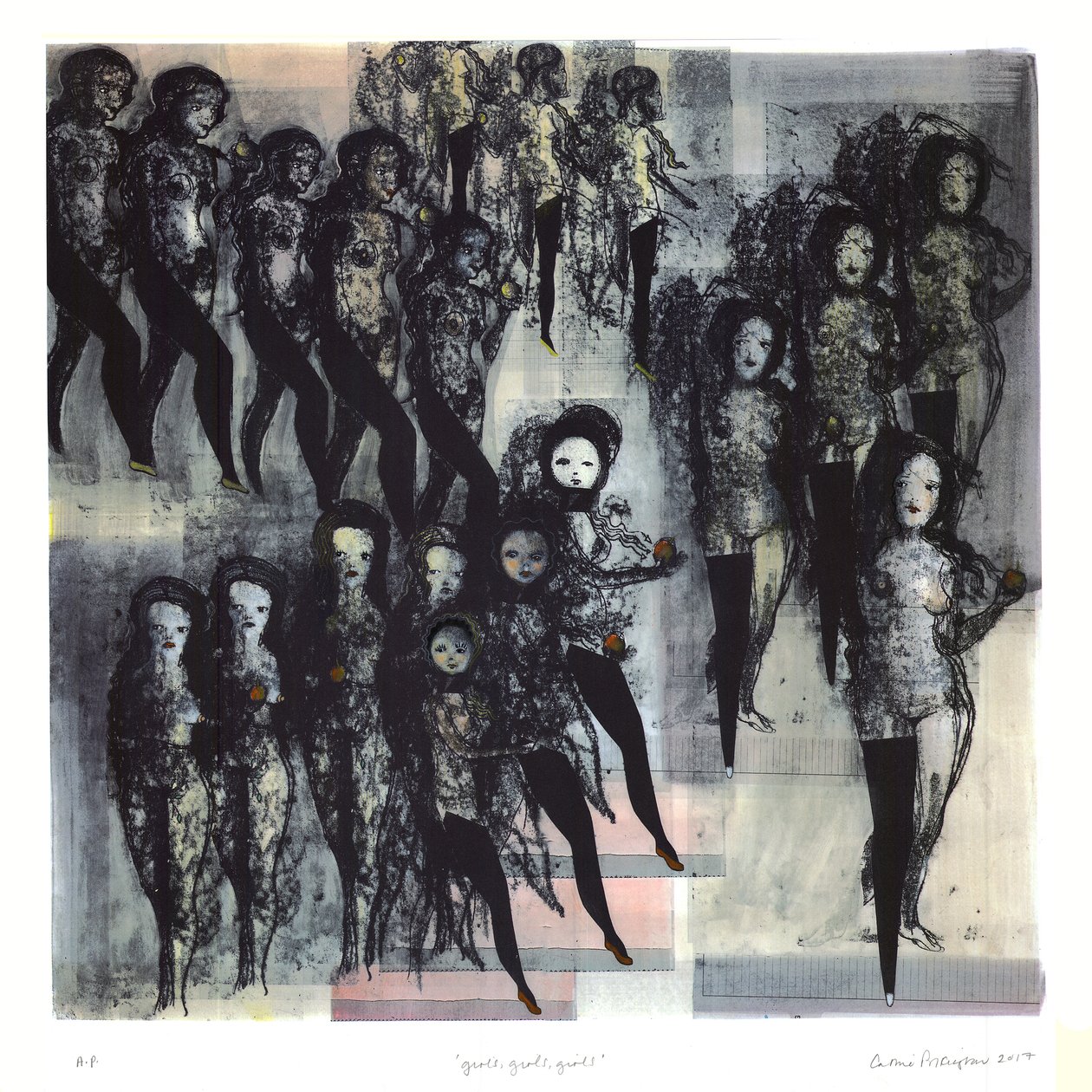 Ragazze, ragazze, ragazze, 2017 (litografia colorata a mano) da Cathie Pilkington