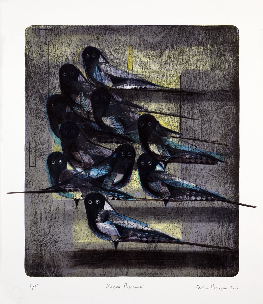 Ritmo di gazza, 2016 (litografia mokulito con colorazione a mano) da Cathie Pilkington