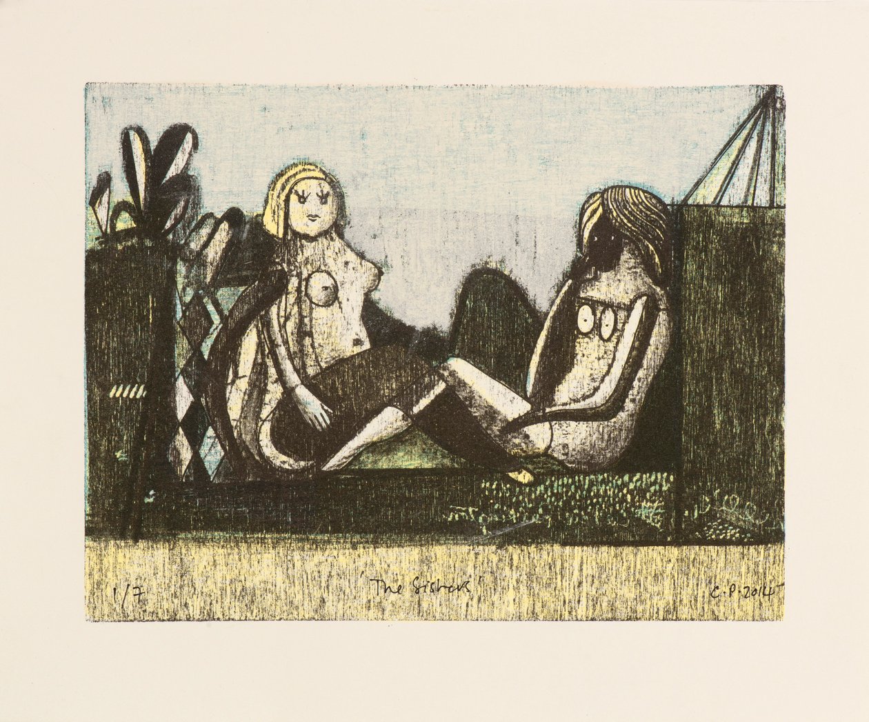 Le sorelle, 2014 (litografie mokulito con colorazione a mano) da Cathie Pilkington