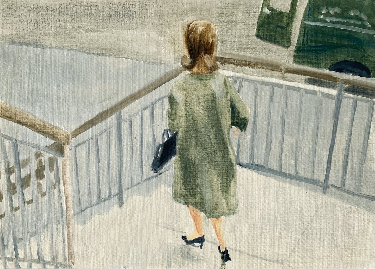 4.06.20 Si riuniscono per andare in albergo, 2020 (olio su carta) da Cathy Lomax