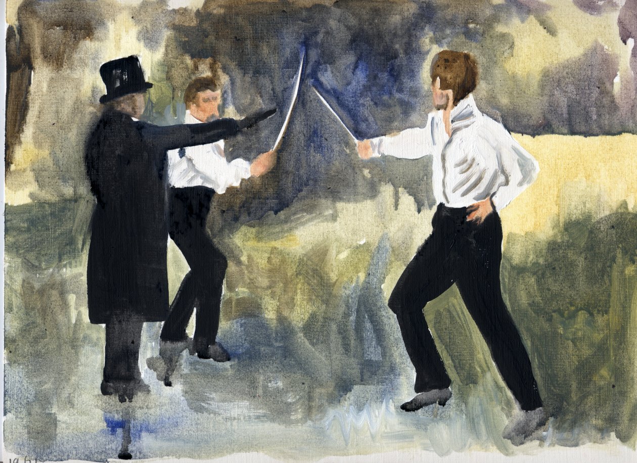 Il complotto (Parigi 1961), 2011 (olio su carta) da Cathy Lomax