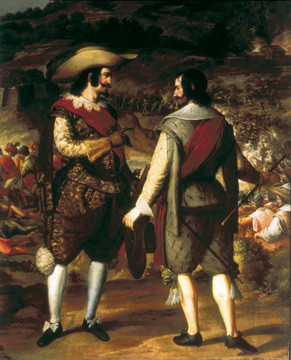 La cattura di San Juan a Porto Rico (1625). Dettaglio. In primo piano, Don Juan de Haro parla con il suo assistente. Dietro di lui la fortezza sorvegliata dagli spagnoli che costringono gli olandesi a partire. Dipinto di Eugenio Caxes o Cajes (1577-1634) da Caxesi or Caxete Eugenio Caxes
