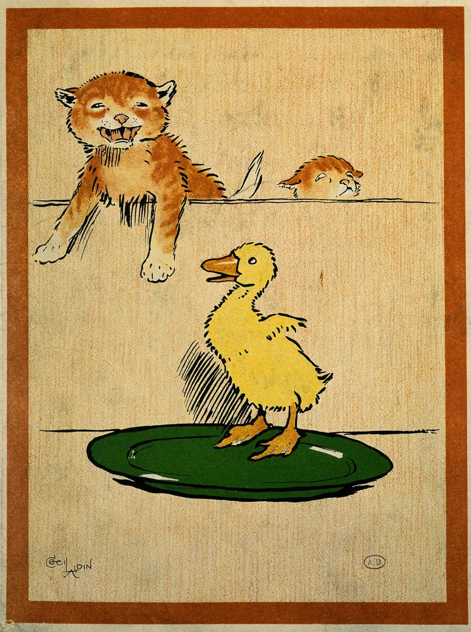 Gatti e anatra. Disegno di Cecil Aldin (1870-1935). Parigi, Arti Decorative da Cecil Charles Windsor Aldin