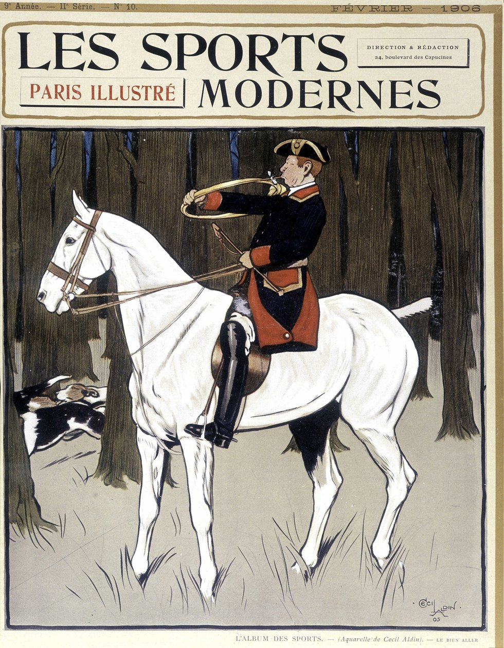 Caccia (un uomo a cavallo che incoraggia i cani) Copertina di Modern Sports, 02/1906 da Cecil Charles Windsor Aldin
