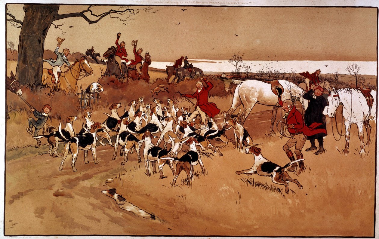 Scena di caccia; tiro. Incisione di Cecil Aldin (1870 -?), Inghilterra. Collezione privata da Cecil Charles Windsor Aldin