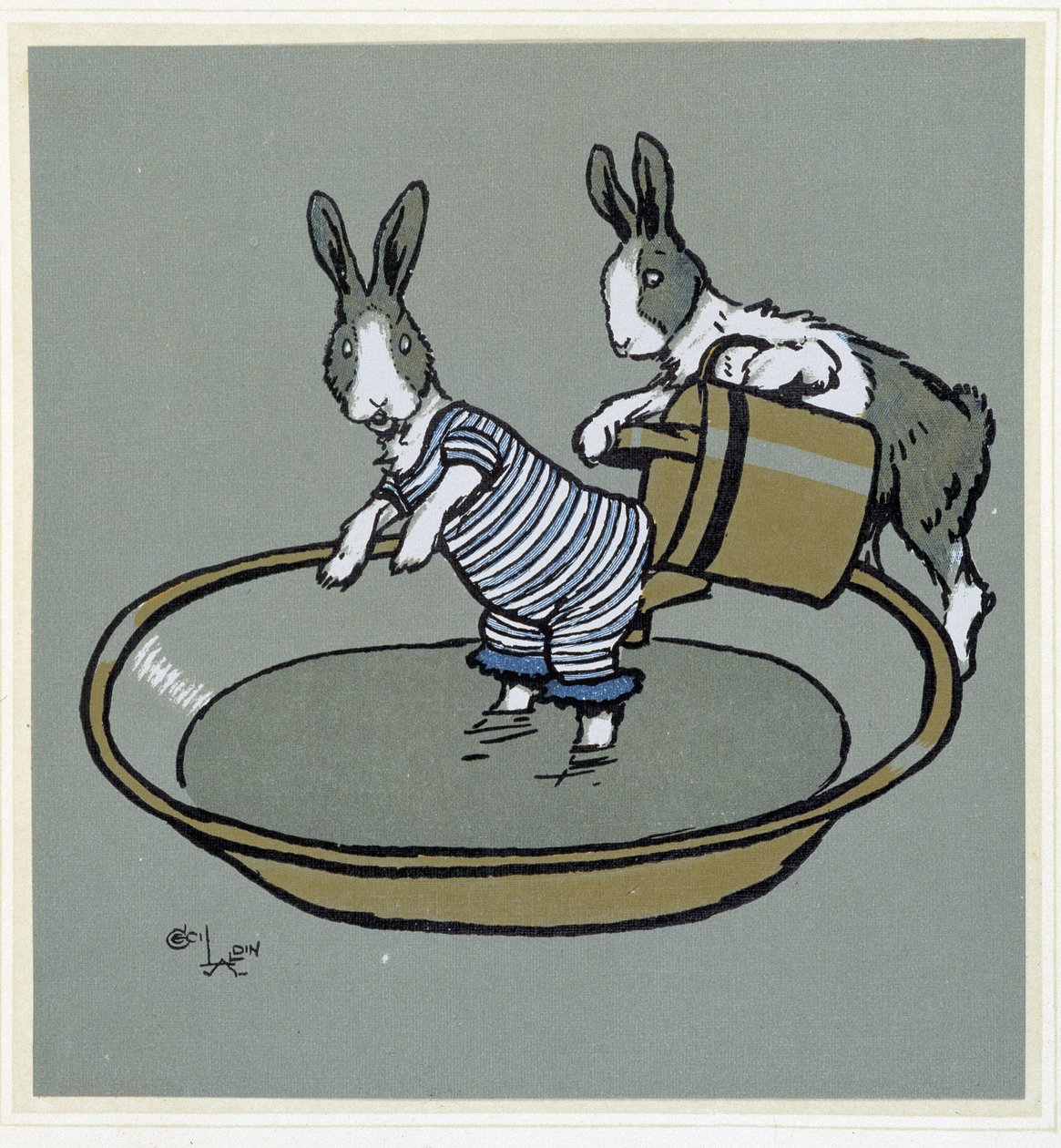Conigli che fanno il bagno - in "Merry Party", ill. di Cecil Aldin, ed. Hodder & Stoughton, Londra da Cecil Charles Windsor Aldin