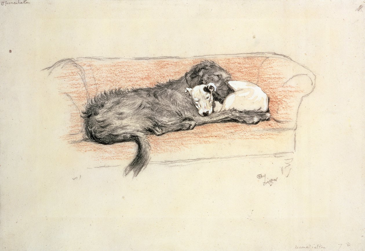 Riconciliazione; Levriero irlandese e Bull Terrier addormentati su un divano da Cecil Charles Windsor Aldin